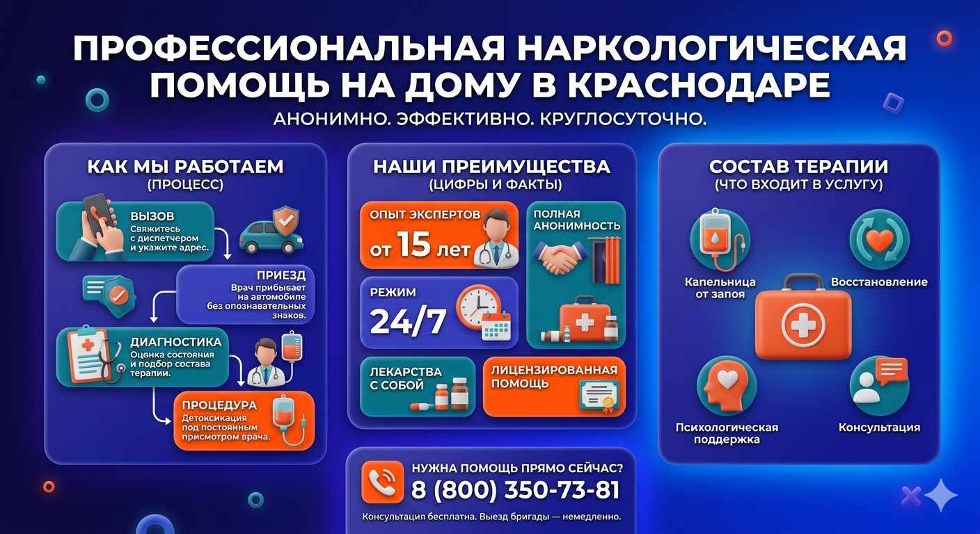 Инфографика о принципах лечения алкоголизма на дому в Большой Глушице: этапы вызова нарколога, преимущества анонимной детоксикации и состав медицинской помощи.